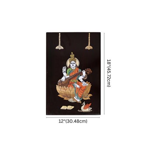 3D Wooden Mysore Overlay Painting of Goddess Saraswati