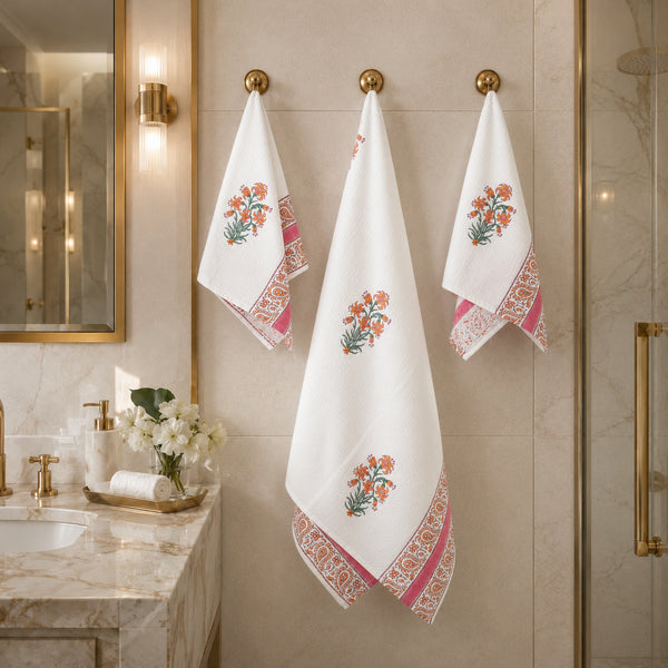Peach Floral Pattern Cotton Waffle Hand & Bath Towel – Hand Block Print