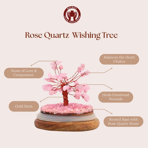 Rose Quartz Wishing Tree with features and benefits on a light beige background