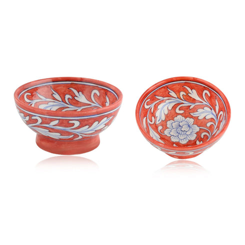 Handcrafted Reddish Brown Round Blue Pottery Bowls—Set of 2—Floral Pattern—6”