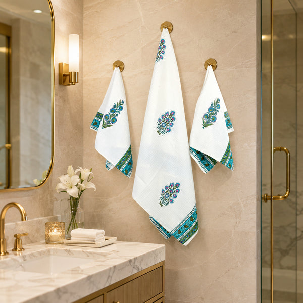 Blue Floral & Vine Pattern Waffle Weave Bath and Hand Towel - Hand Block Print