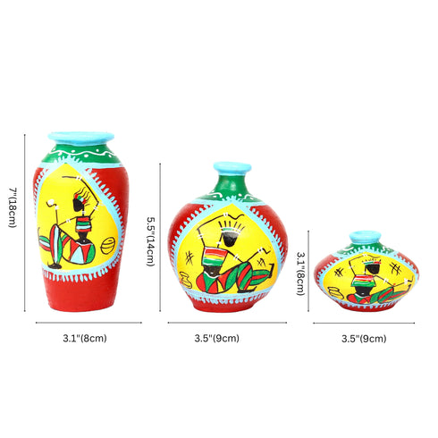 Handcrafted Red and Yellow Terracotta Pots for Home Decor - Set of 3 - Warli Hand Painting