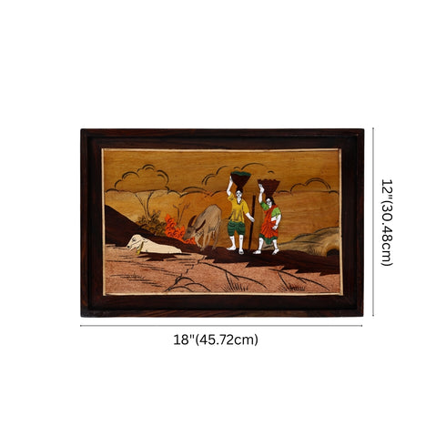 Wooden Mysore Inlay Painting of Rural Couple carrying Basket