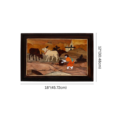 Mysore Inlay Rosewood Painting of a Lady with Cattle and Temple
