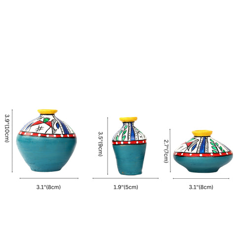 Handcrafted Teal Green Terracotta Pots for Home Decor - Set of 3 - Warli Hand Painting