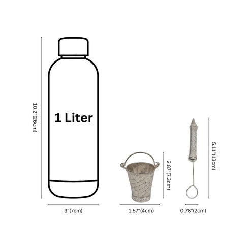 Measurement chart comparing a 1-liter bottle, a small bucket, and a whisk on a white background.