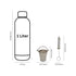 Measurement chart comparing a 1-liter bottle, a small bucket, and a whisk on a white background.
