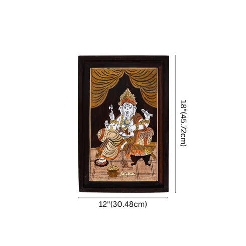 Mysore Inlay Rosewood Painting – Lord Ganesha Seated on a Royal Singhasan