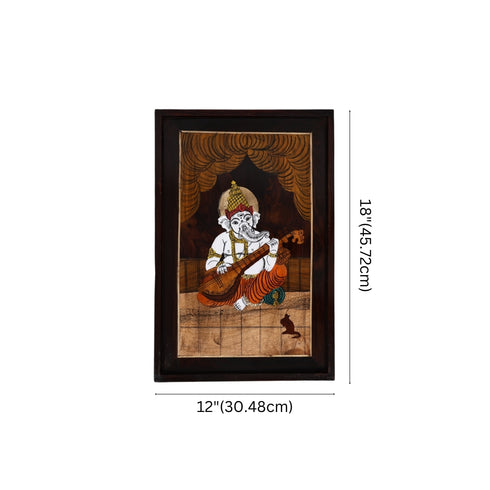 Handcrafted Ganesha Playing Veena Wall Decor - Mysore Inlay Rosewood Painting