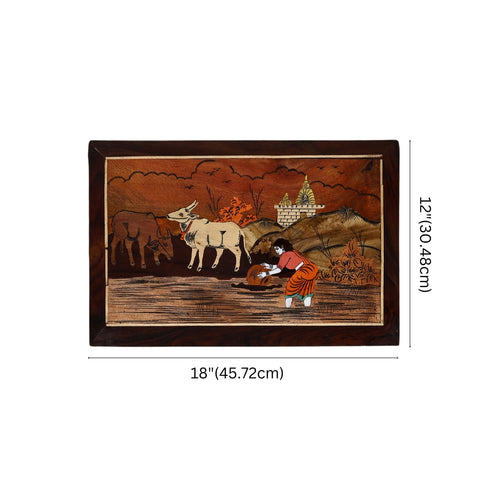 Mysore Inlay Rosewood Painting of a Lady with Cattle and Temple