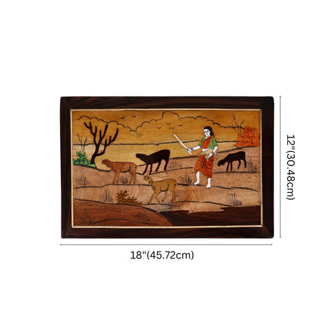 Mysore Inlay Rosewood Painting of a Lady with Goats