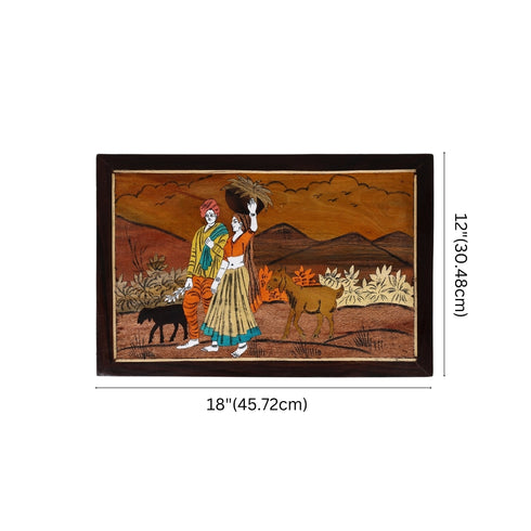 Wooden Mysore Inlay Painting of Rural Couple with Goats