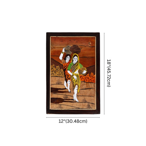 Wooden Mysore Inlay Painting of Rural Women Carrying Pots