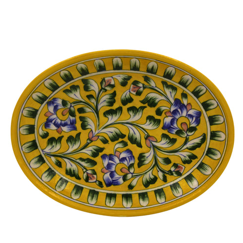 Blue Pottery Oval Plate - Yellow