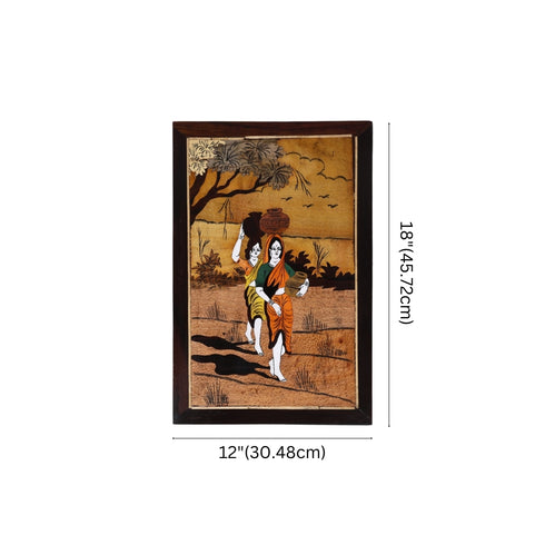 Wooden Mysore Inlay Painting of Rural Women Carrying Water Pots