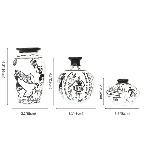 Handcrafted Black and White Terracotta Pots for Home Decor - Set of 3 - Warli Hand Painting