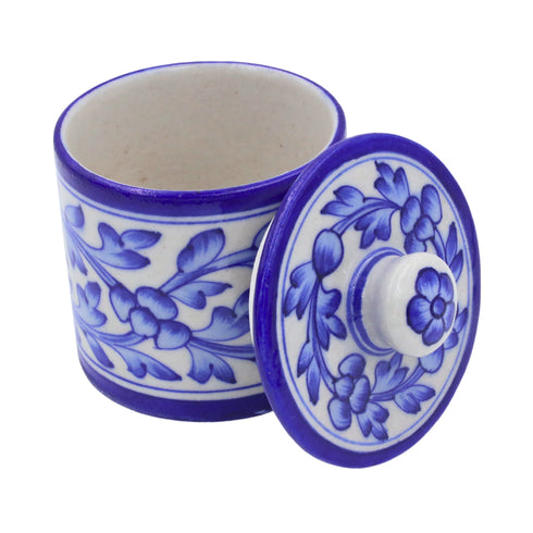 Blue Pottery Jar with Lid - White