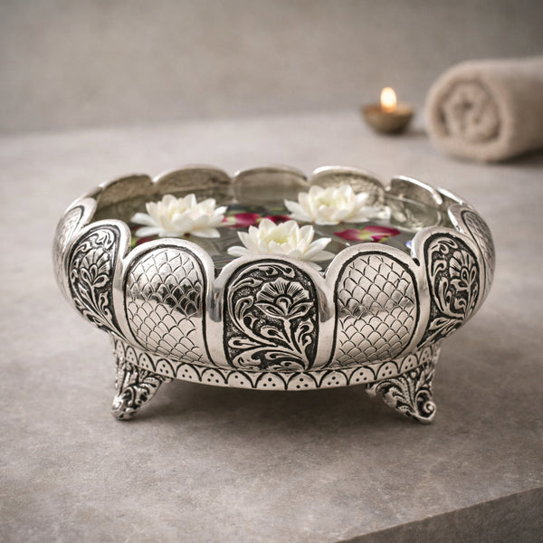Antique German Silver Urli Bowl with Ornamental Rim Design - Festive Decor Item