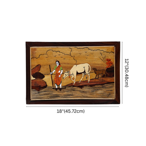 Mysore Inlay Rosewood Painting of a Woman with her Cattle