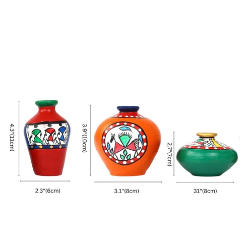 Multicoloured Handcrafted Terracotta Pots for Home Decor - Set of 3 - Warli Hand Painting