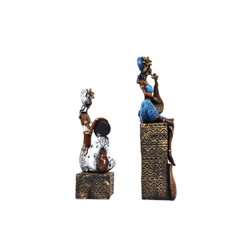African Musician Figurines for Home Décor—Set of 2—Blue and White