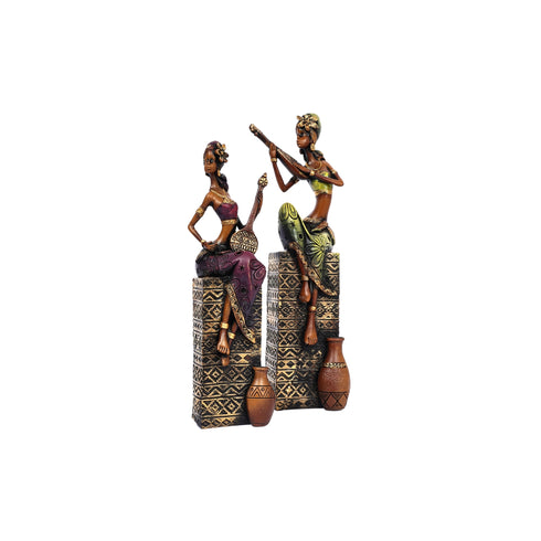 African Musician Figurines for Home Décor—Set of 2—Green and Magenta