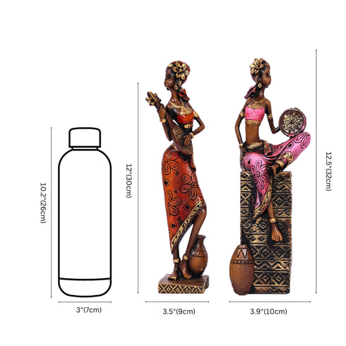 African Musician Figurines for Home Décor—Set of 2—Rustic Brown and Pink