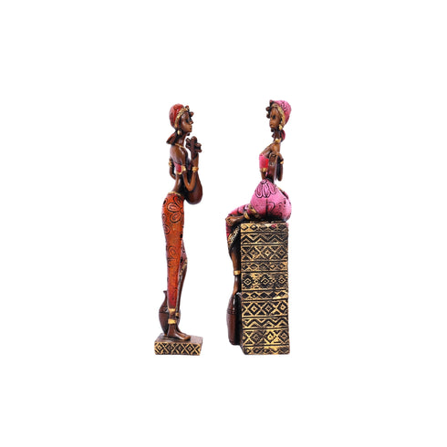 African Musician Figurines for Home Décor—Set of 2—Rustic Brown and Pink