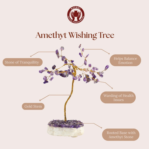 Amethyst wishing tree with features labeled on a beige background