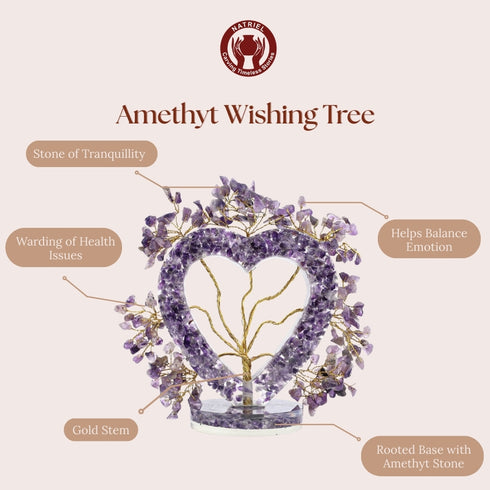 Amethyst wishing tree with heart-shaped base and gold stem on a beige background, featuring Natture brand logo.