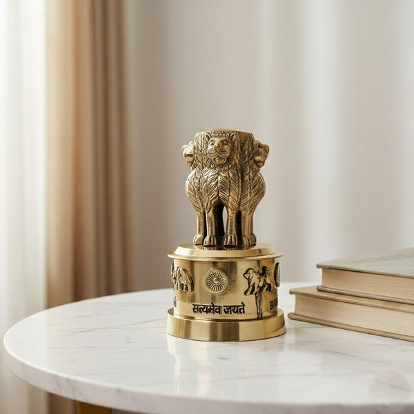 Antique brass Ashok Stambh showpiece 5 inch, hand-cast Lion Capital replica