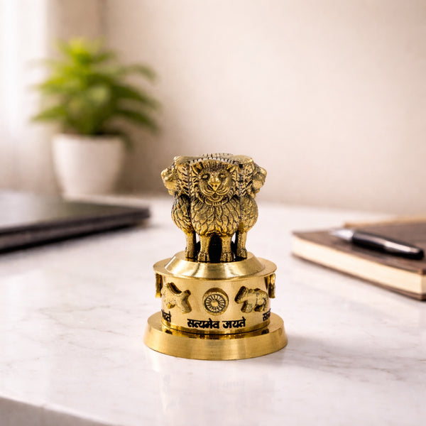 Brass Ashok Stambh showpiece with antique finish, Sarnath Lion Capital replica for desk decor