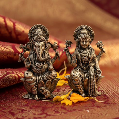 Antique Brass Ganesh and Lakshmi Idol (Pair) - Perfect for Home Temple