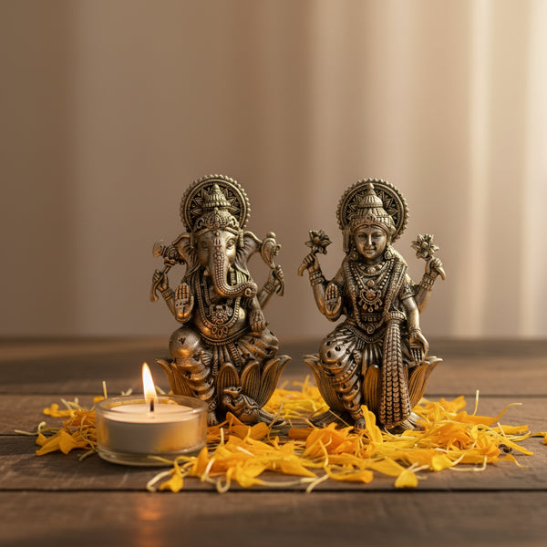 Antique Brass Ganesh and Lakshmi Idol (Pair)