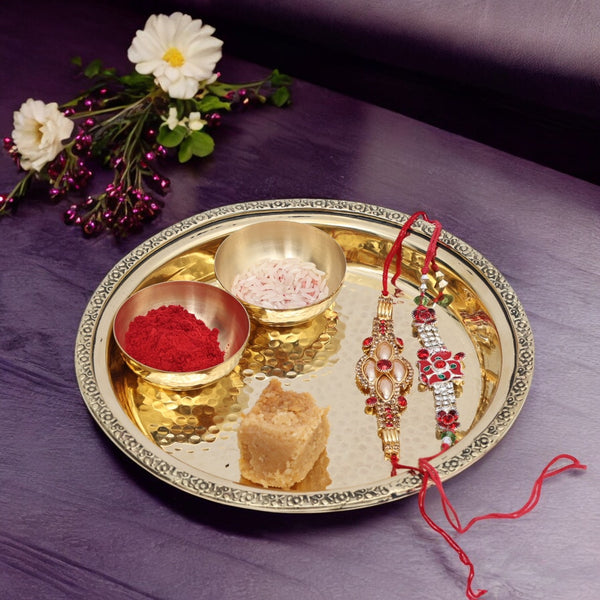 Antique Finish Brass Tilak Thali Set - Including 2 Brass Katori’s