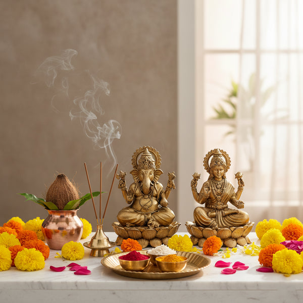 Antique Gold Matte Finish Brass Lakshmi Ganesha Duo – Festive Decor Item