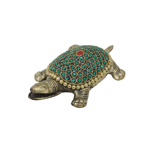 Artisan Brass Tortoise Showpiece with Stone Embellishments
