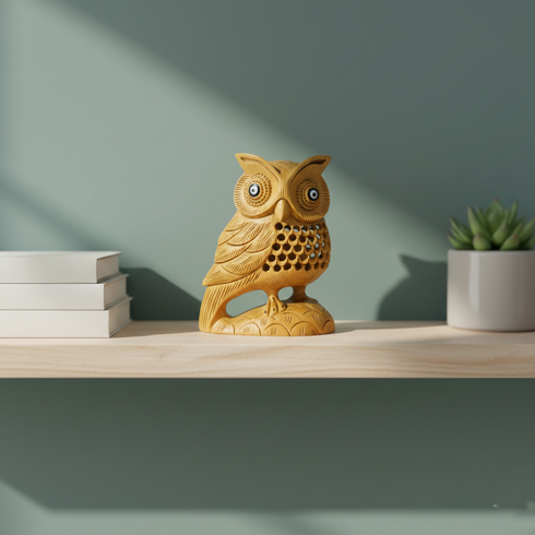 Artisan Carved Wooden Owl - Living Room & Office Decor Sculpture