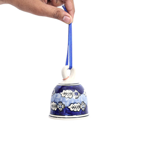Artisanal Ceramic floral Hanging Christmas Bell – Blue & White