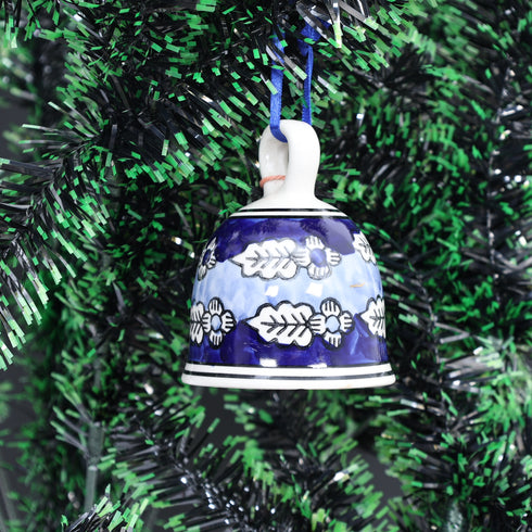 Artisanal Ceramic floral Hanging Christmas Bell – Blue & White