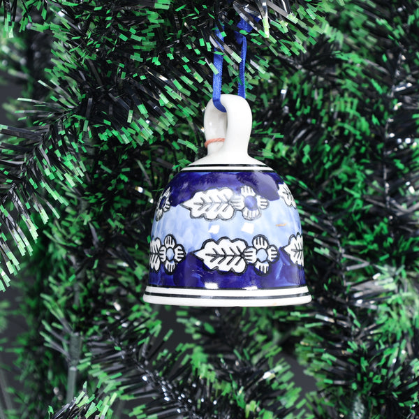 Artisanal Ceramic floral Hanging Christmas Bell – Blue & White