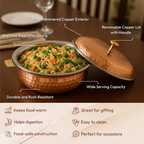 Artisanal Hammered Copper Serving Dish with Brass-Knobbed Lid