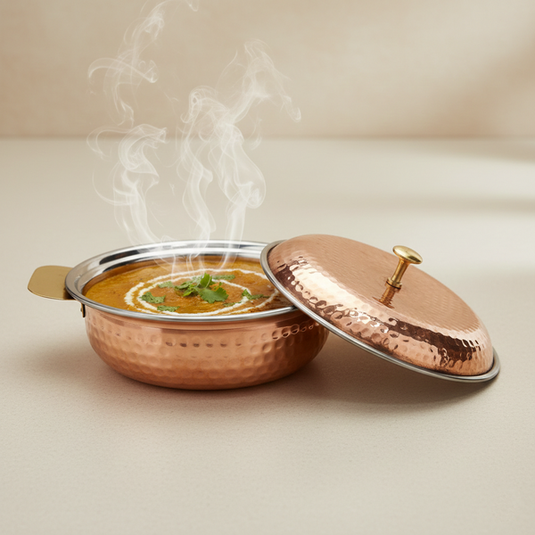 Artisanal Hammered Copper Serving Dish with Brass-Knobbed Lid