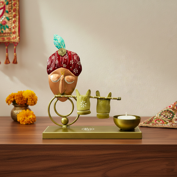 Artistic Krishna T-Light Holder - Red turban with Golden Flute