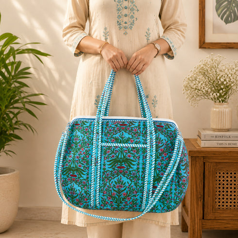 Azure Blue Garden Large Duffle Bag – Hand Block Print