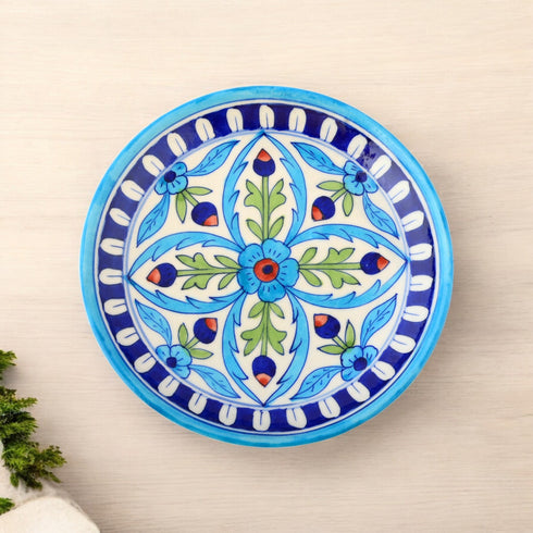 Blue Pottery Floral Pattern Decorative Plate—Cyan Blue—8”