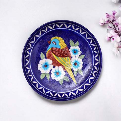 Handcrafted Blue Pottery Decorative Plate—Bird and Floral Pattern