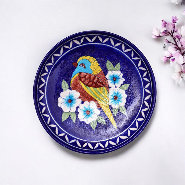 Handcrafted Blue Pottery Decorative Plate—Bird and Floral Pattern