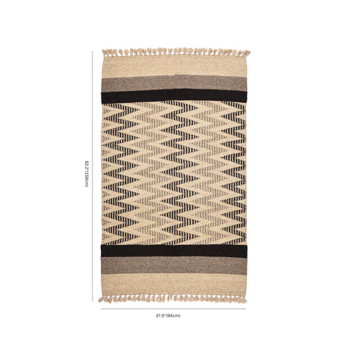 Beige and Black Handwoven Jawaja Durrie - Zig-Zag Pattern