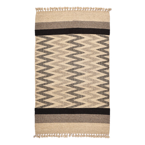 Beige and Black Handwoven Jawaja Durrie - Zig-Zag Pattern